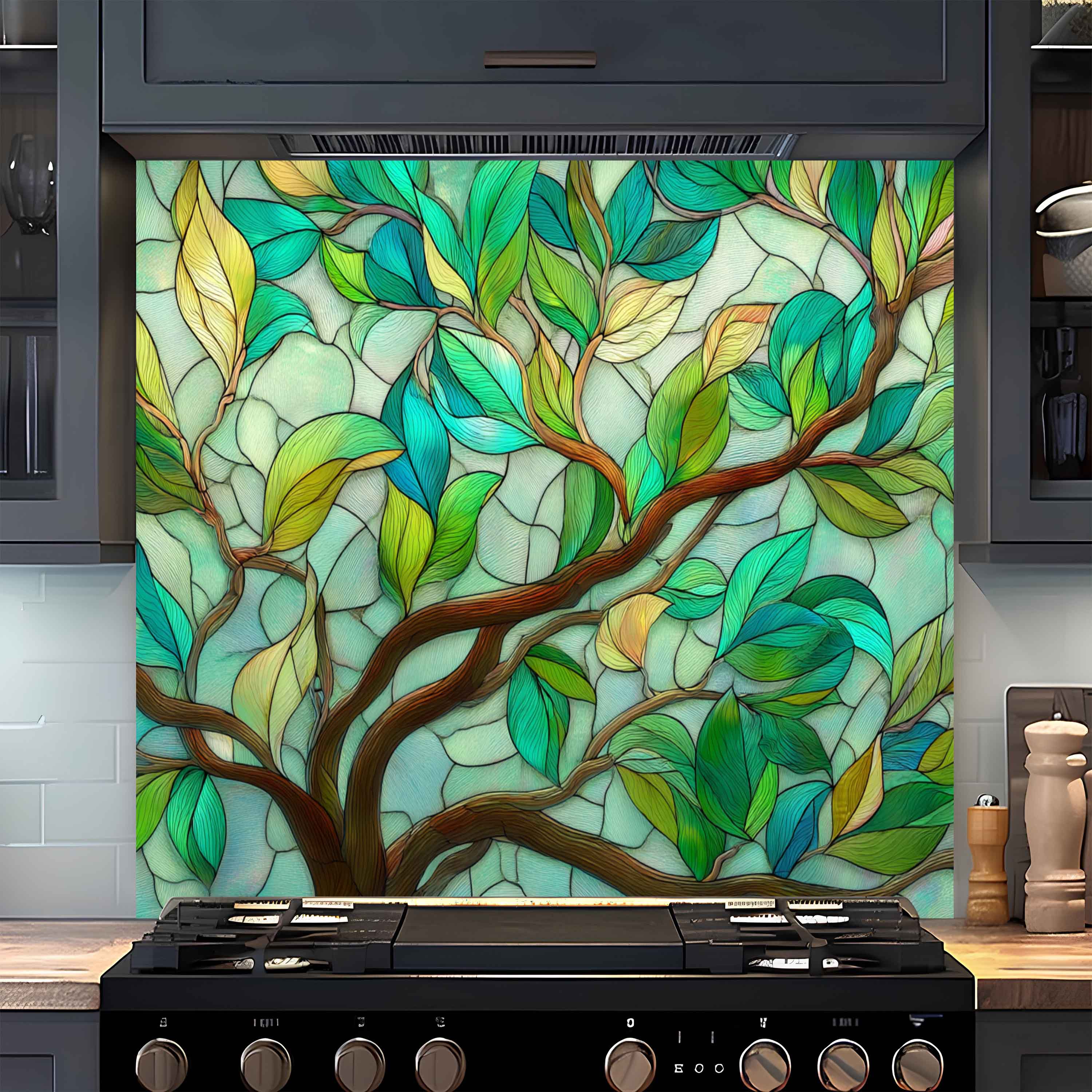 Tranquil Branches – Tree Branch Glass Backsplash with Green Leaf Design ...