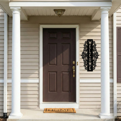 Vertical Welcome Metal Sign with Ornamental Scrollwork