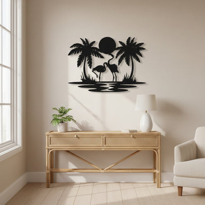 Tropical Flamingo Sunset Metal Wall Art