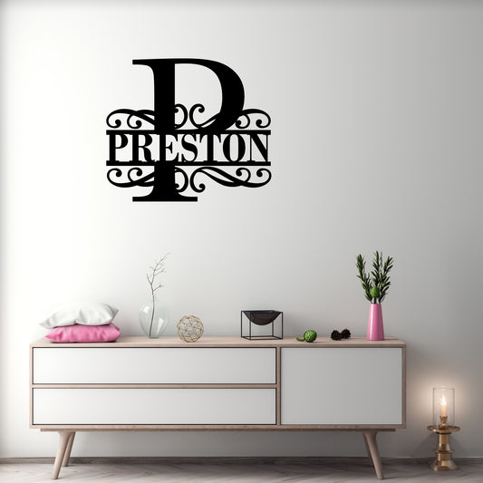 Custom Initial Metal Wall Art with Scroll Design and Family Name