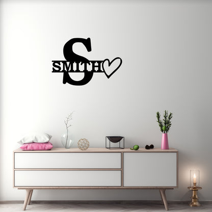 Personalized Initial & Family Name Metal Wall Art with Heart Design