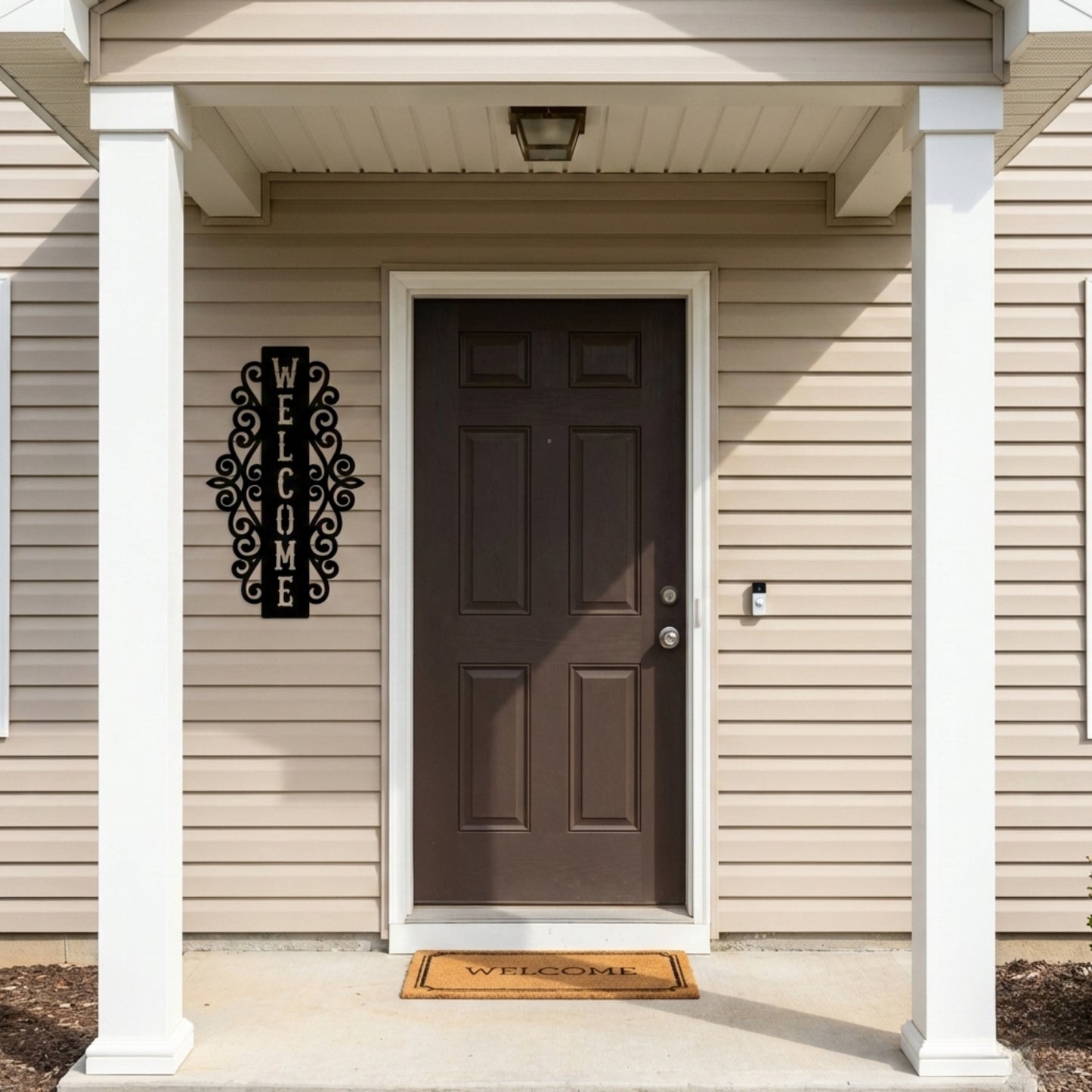 Vertical Welcome Metal Sign with Ornamental Scrollwork