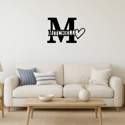 Personalized Initial & Family Name Metal Wall Art with Heart Design