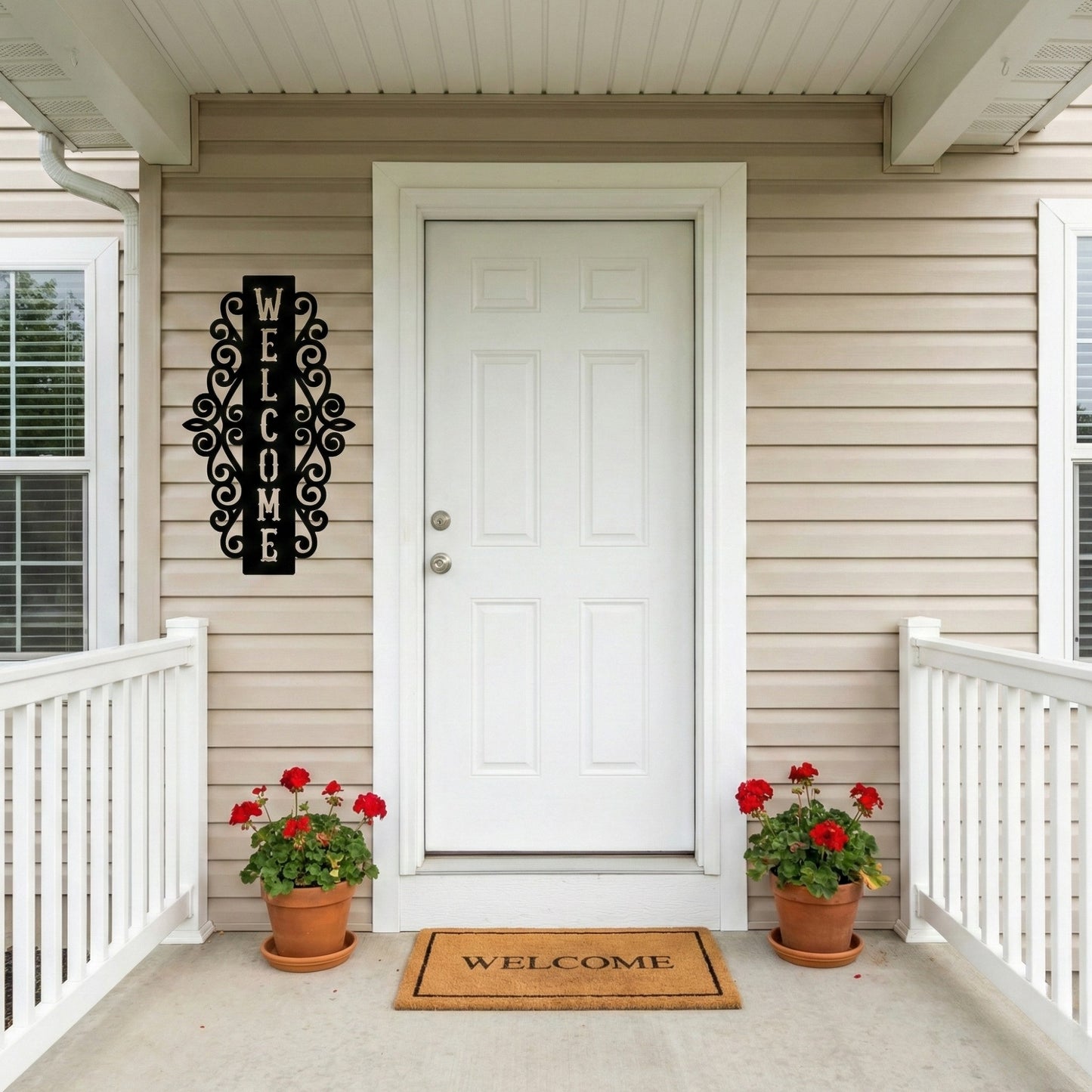 Vertical Welcome Metal Sign with Ornamental Scrollwork