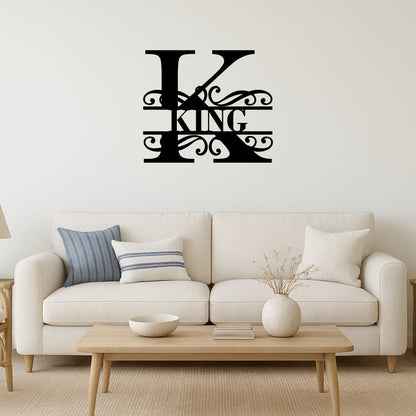 Custom Initial Metal Wall Art with Scroll Design and Family Name