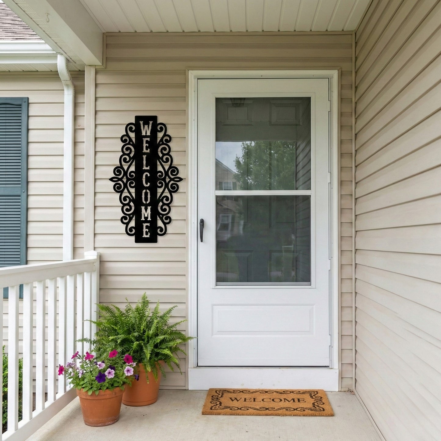 Vertical Welcome Metal Sign with Ornamental Scrollwork