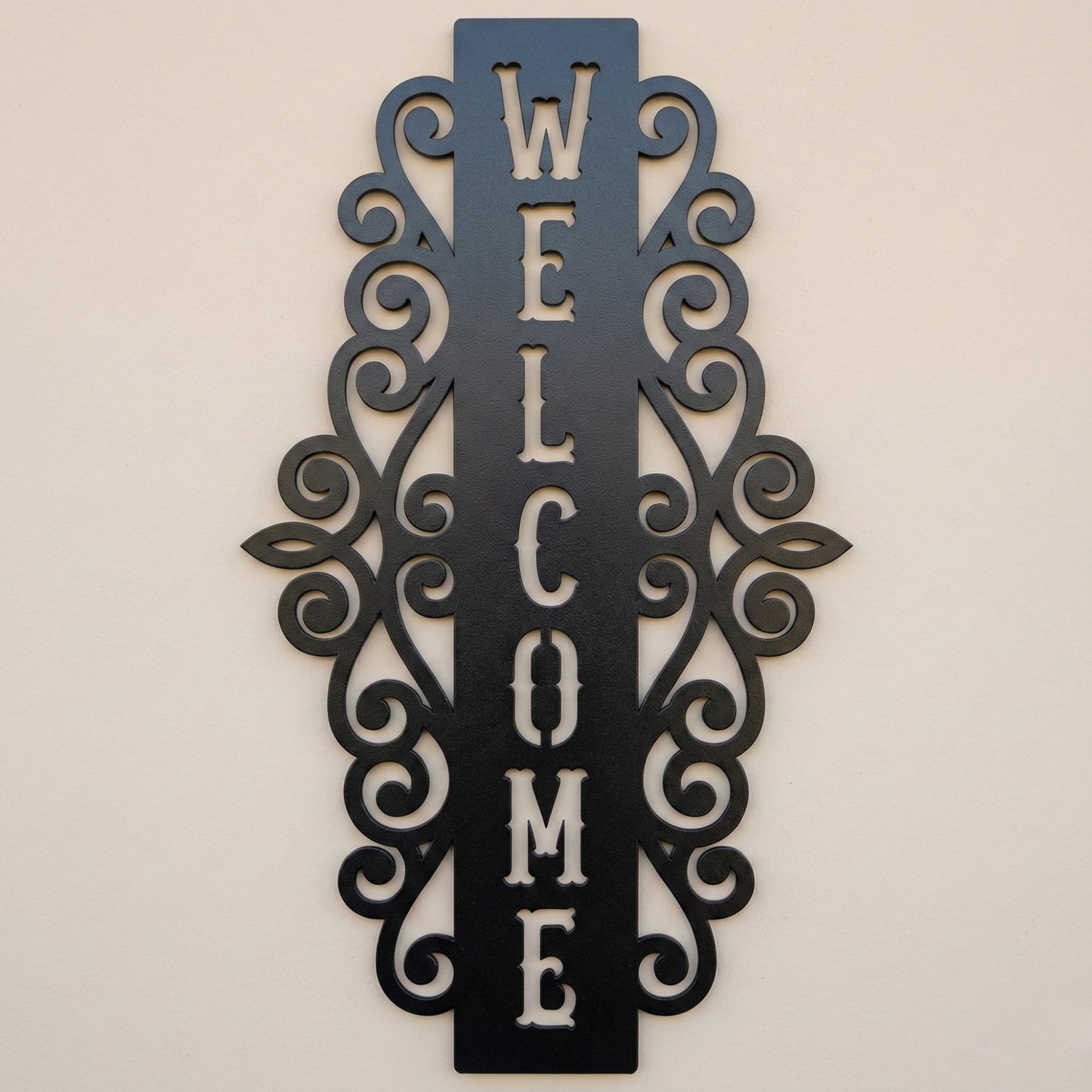 Vertical Welcome Metal Sign with Ornamental Scrollwork