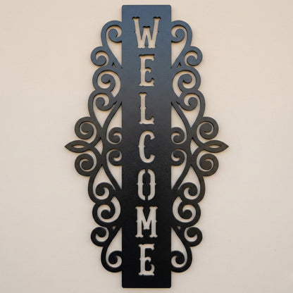 Vertical Welcome Metal Sign with Ornamental Scrollwork