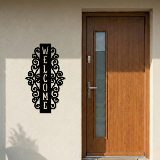 Vertical Welcome Metal Sign with Ornamental Scrollwork