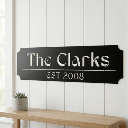 Custom Family Name Metal Sign - Stylized Serif with Established Date