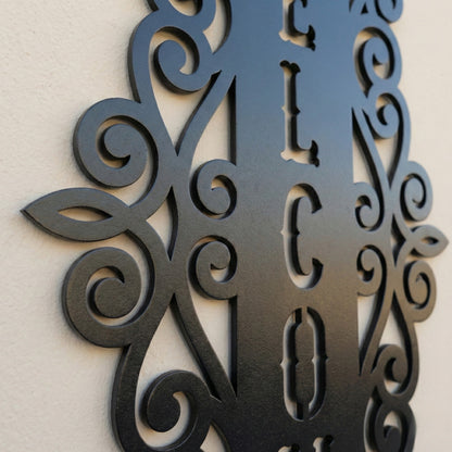 Vertical Welcome Metal Sign with Ornamental Scrollwork