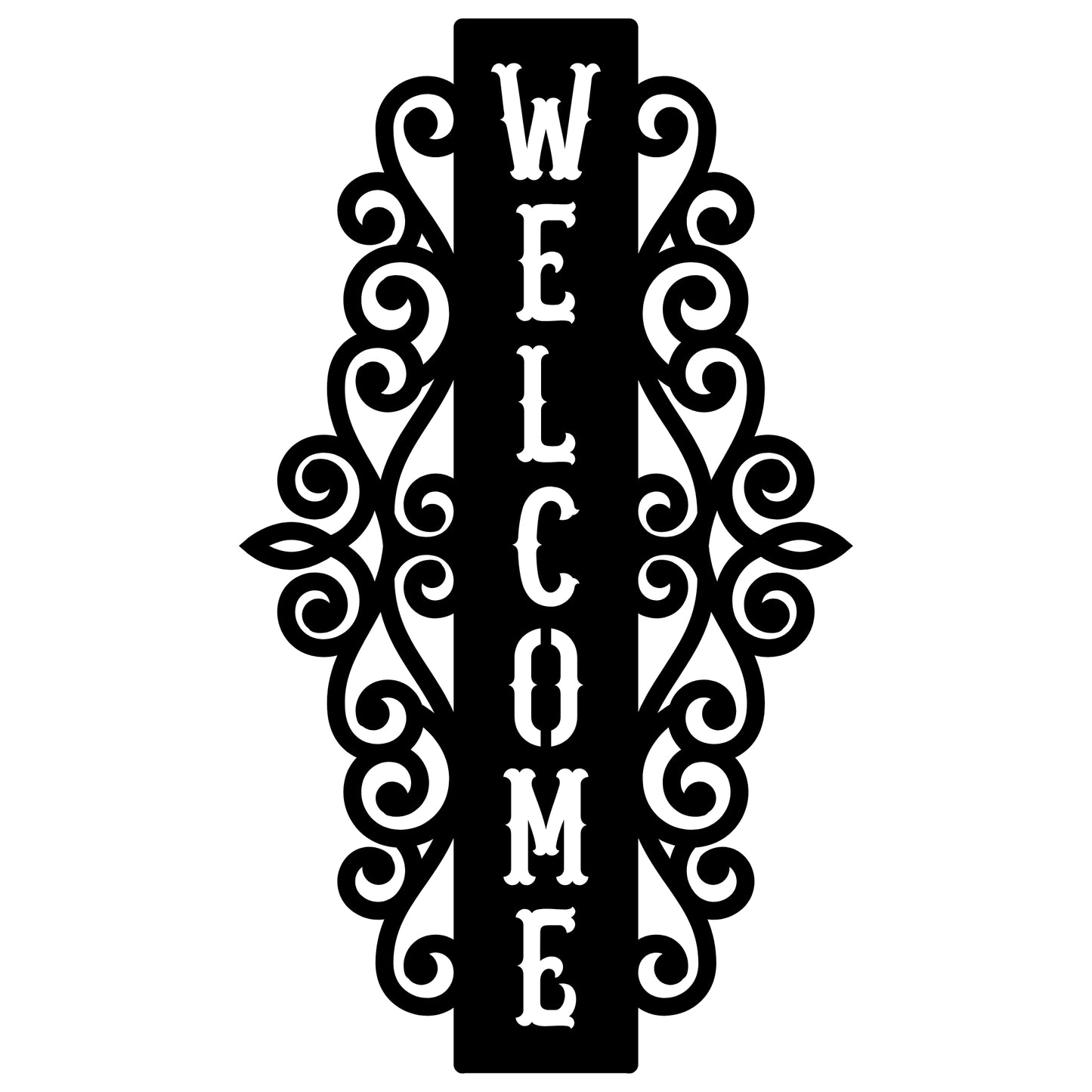 Vertical Welcome Metal Sign with Ornamental Scrollwork