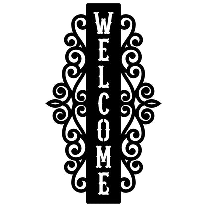 Vertical Welcome Metal Sign with Ornamental Scrollwork