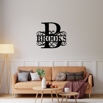 Custom Initial Metal Wall Art with Scroll Design and Family Name
