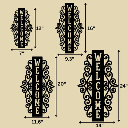 Vertical Welcome Metal Sign with Ornamental Scrollwork