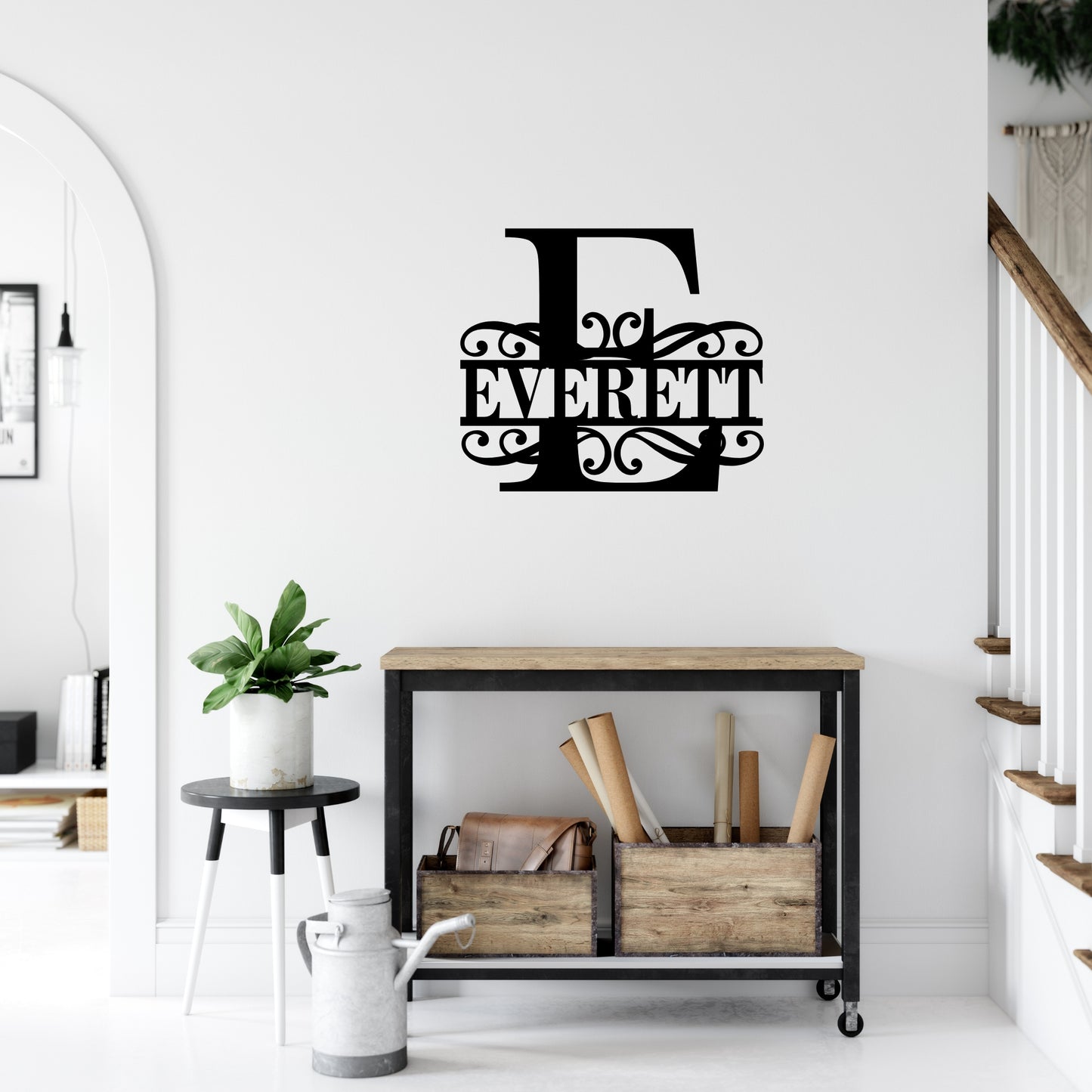 Custom Initial Metal Wall Art with Scroll Design and Family Name