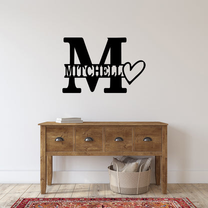 Personalized Initial & Family Name Metal Wall Art with Heart Design
