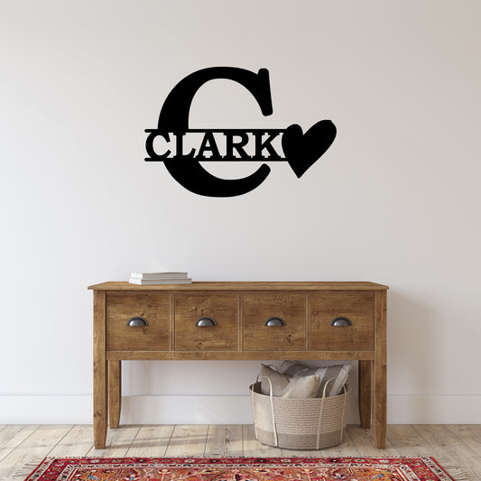Personalized Initial & Family Name Metal Wall Art with Heart Accent