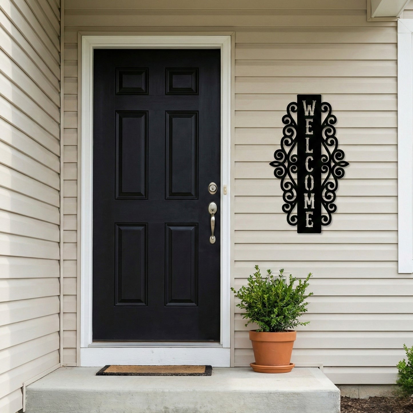 Vertical Welcome Metal Sign with Ornamental Scrollwork