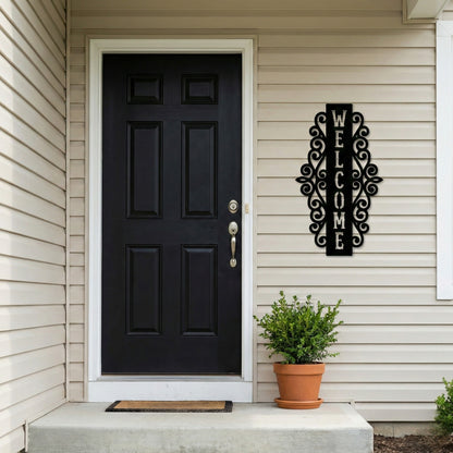 Vertical Welcome Metal Sign with Ornamental Scrollwork