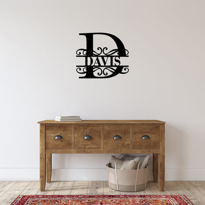 Custom Initial Metal Wall Art with Scroll Design and Family Name