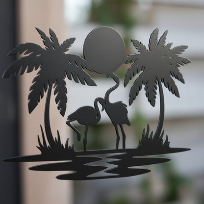 Tropical Flamingo Sunset Metal Wall Art