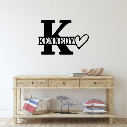 Personalized Initial & Family Name Metal Wall Art with Heart Design