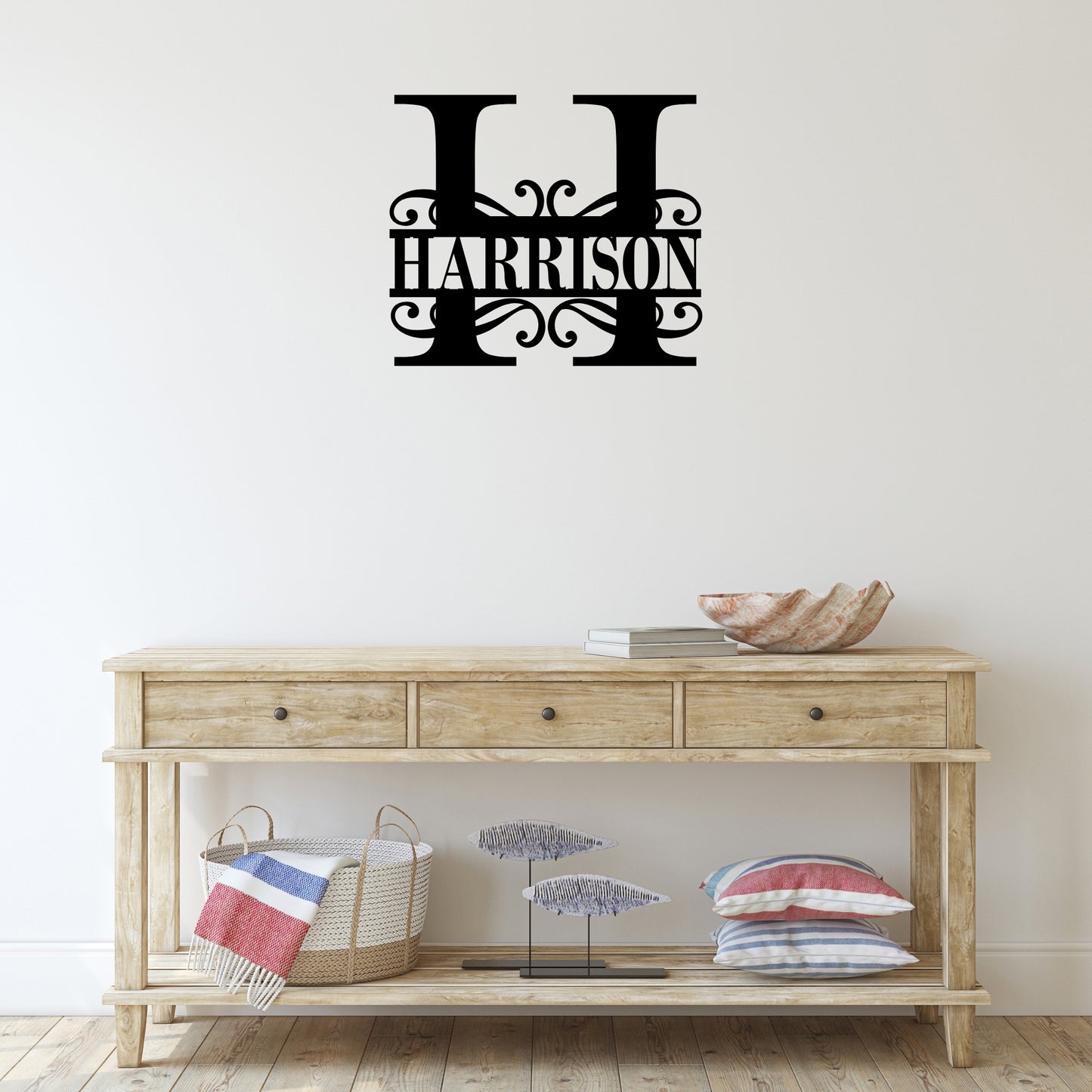 Custom Initial Metal Wall Art with Scroll Design and Family Name