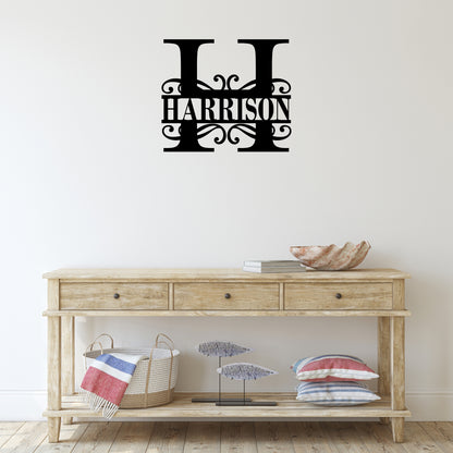 Custom Initial Metal Wall Art with Scroll Design and Family Name