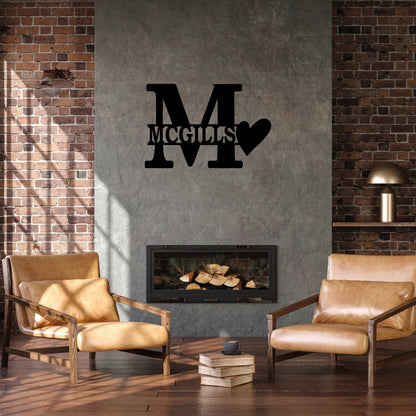 Personalized Initial & Family Name Metal Wall Art with Heart Accent