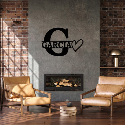 Personalized Initial & Family Name Metal Wall Art with Heart Design