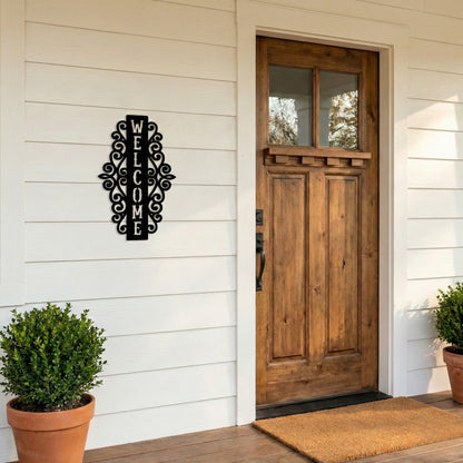 Vertical Welcome Metal Sign with Ornamental Scrollwork