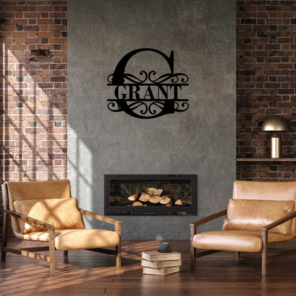 Custom Initial Metal Wall Art with Scroll Design and Family Name