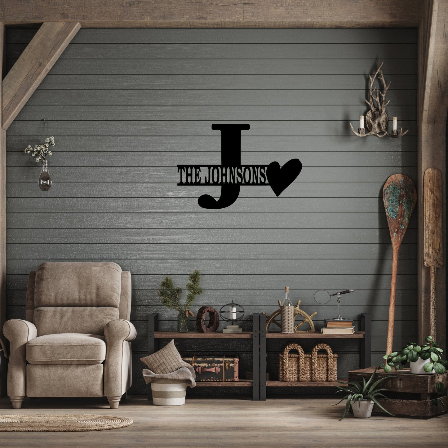 Personalized Initial & Family Name Metal Wall Art with Heart Accent