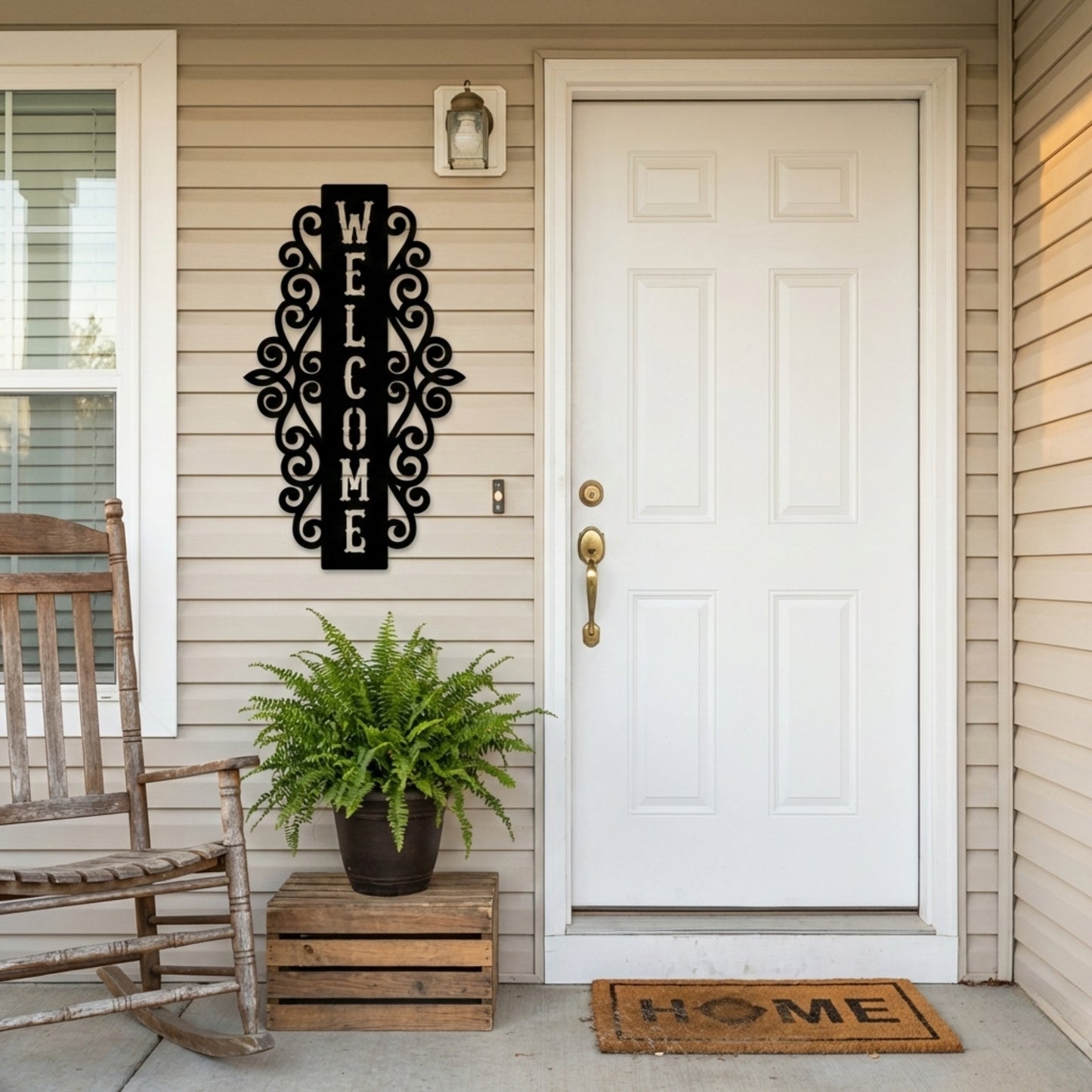 Vertical Welcome Metal Sign with Ornamental Scrollwork