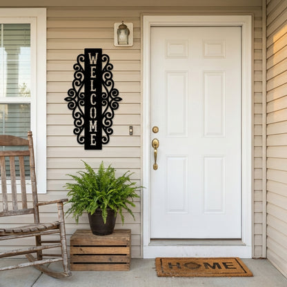 Vertical Welcome Metal Sign with Ornamental Scrollwork