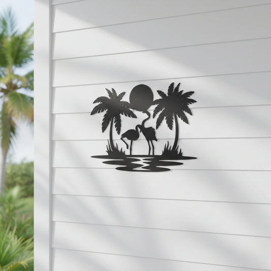 Tropical Flamingo Sunset Metal Wall Art