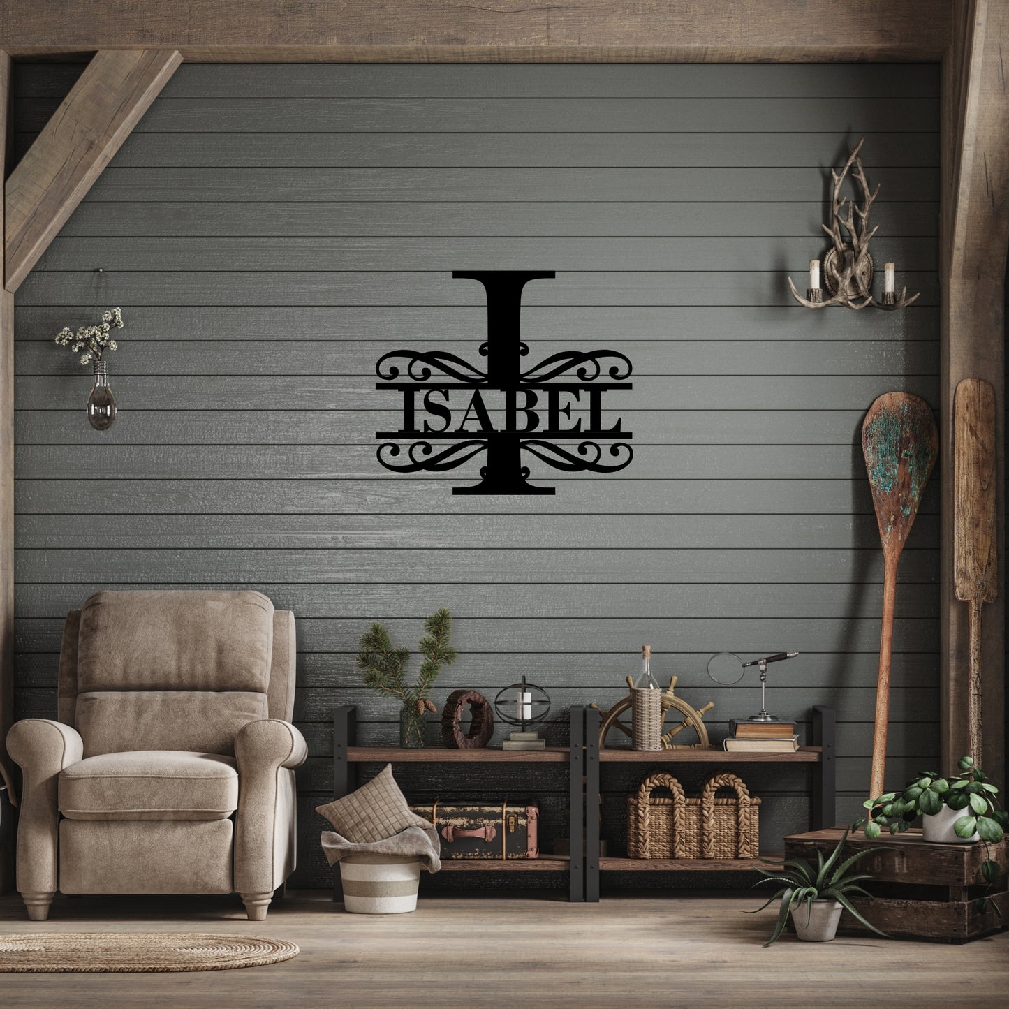 Custom Initial Metal Wall Art with Scroll Design and Family Name