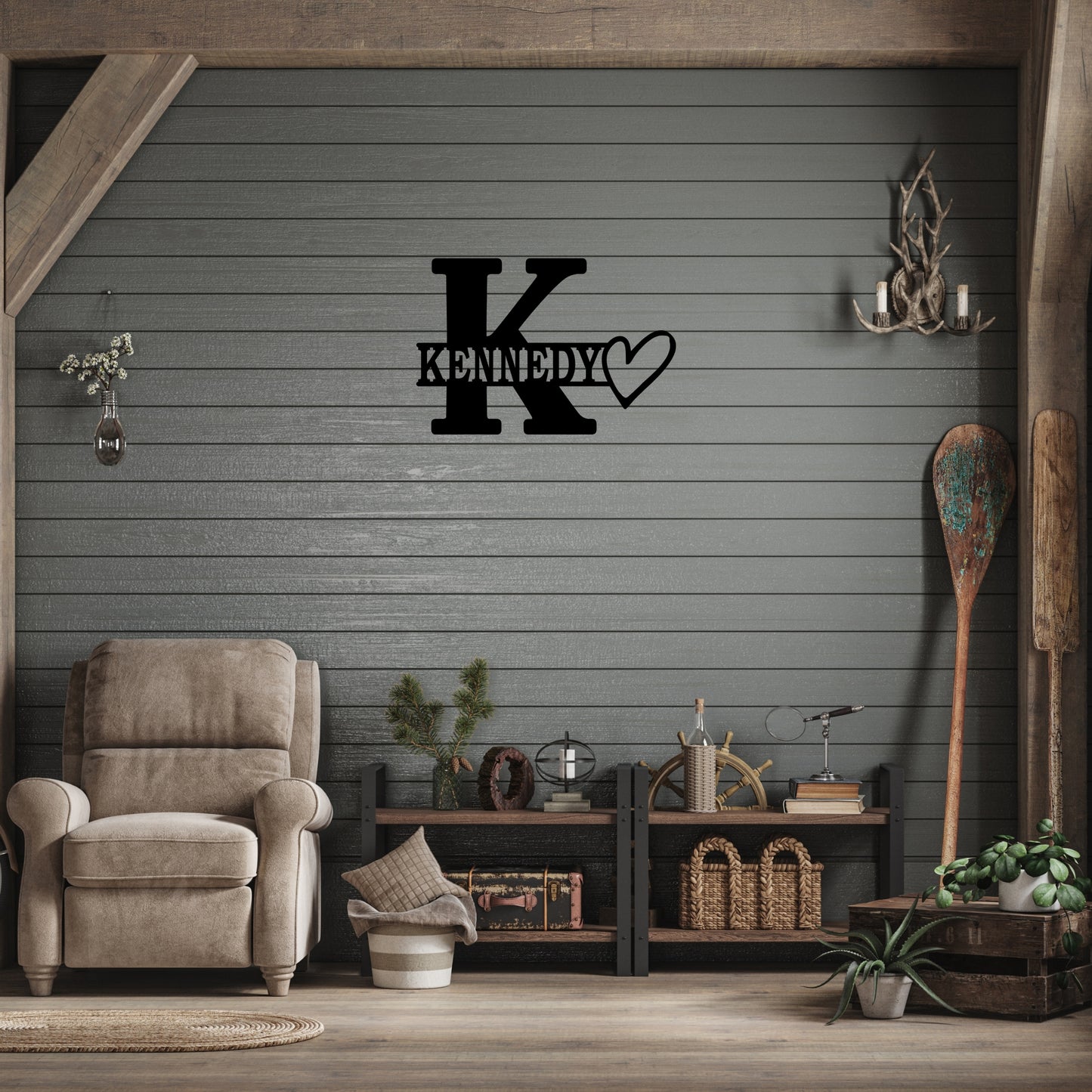 Personalized Initial & Family Name Metal Wall Art with Heart Design