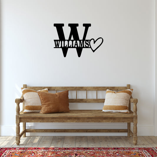 Personalized Initial & Family Name Metal Wall Art with Heart Design