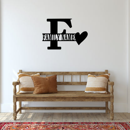 Personalized Initial & Family Name Metal Wall Art with Heart Accent