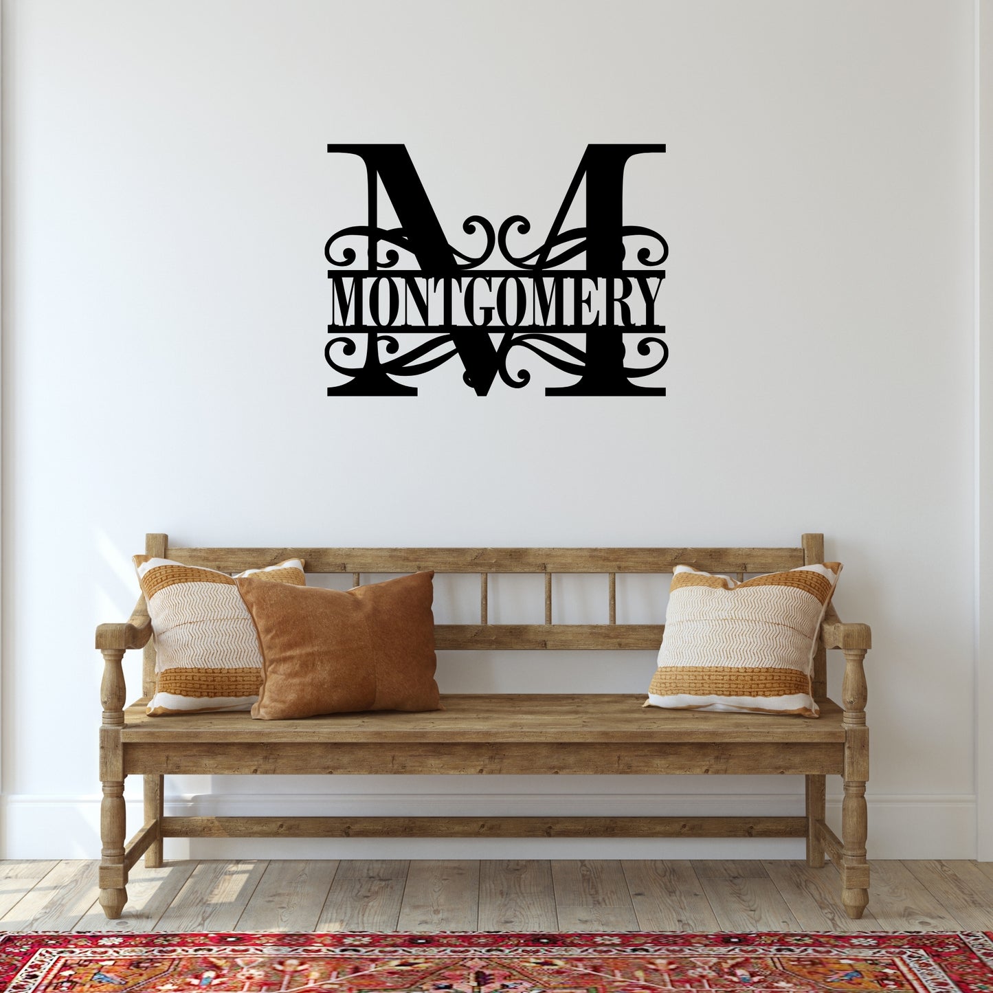 Custom Initial Metal Wall Art with Scroll Design and Family Name