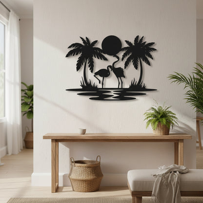 Tropical Flamingo Sunset Metal Wall Art