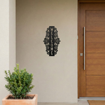 Vertical Welcome Metal Sign with Ornamental Scrollwork