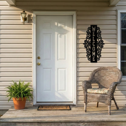 Vertical Welcome Metal Sign with Ornamental Scrollwork