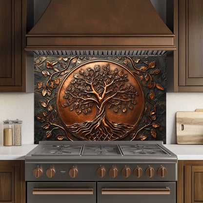 Decorative copper tree of life backsplash above a stove in a kitchen.