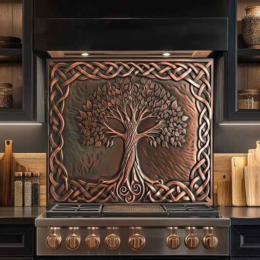 Custom kitchen backsplash with copper look tree look