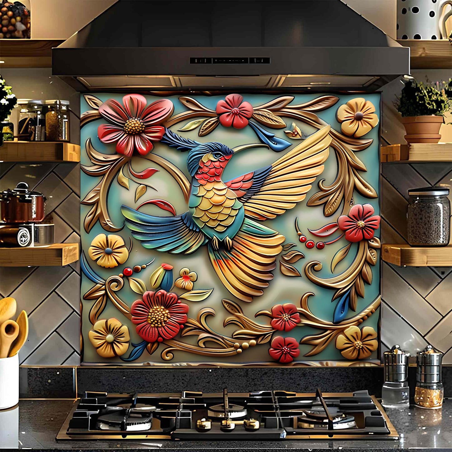 Decorative glass backsplash with a colorful bird and floral design above a stove in a kitchen.