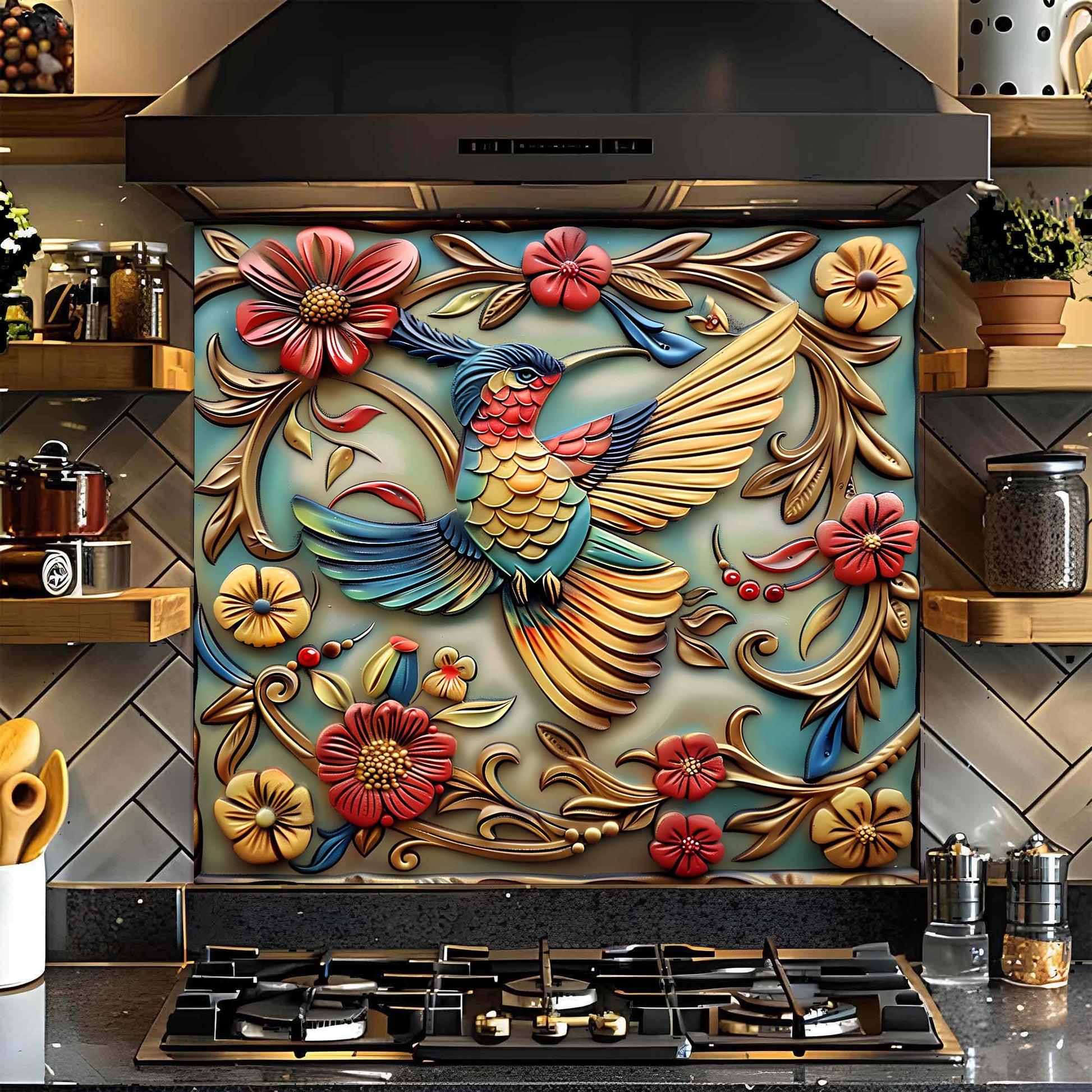 Decorative glass backsplash with a colorful bird and floral design above a stove in a kitchen.