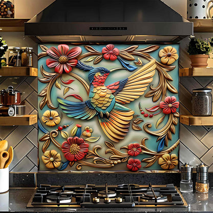 Decorative glass backsplash with a colorful bird and floral design above a stove in a kitchen.